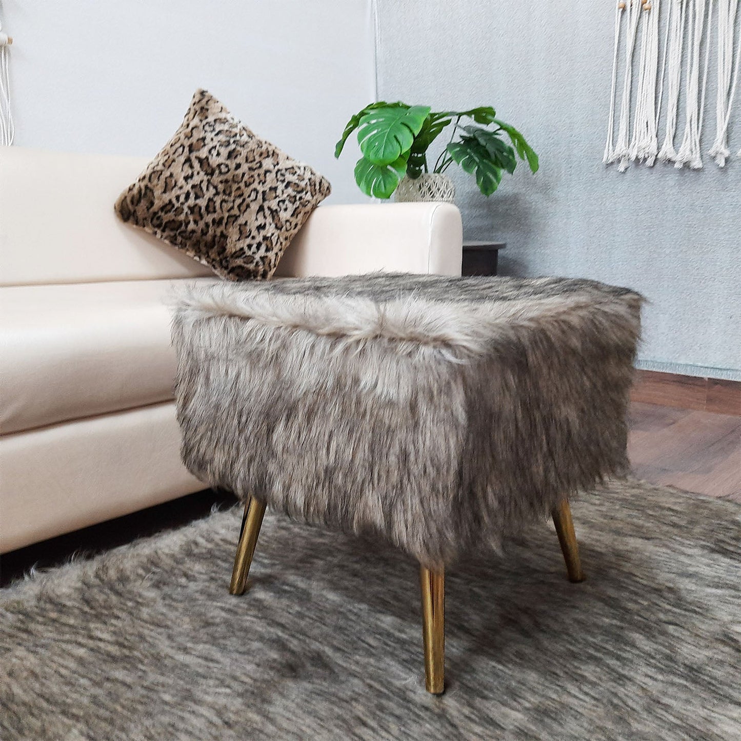 Noviato Collection – Shades of Grey/Brown Premium Long Faux Fur Footstool Gold Metal Legs Modern On-Trend Style Square Multi-Functional Ottoman Stool Seat, 40 cm Tall | from Avioni