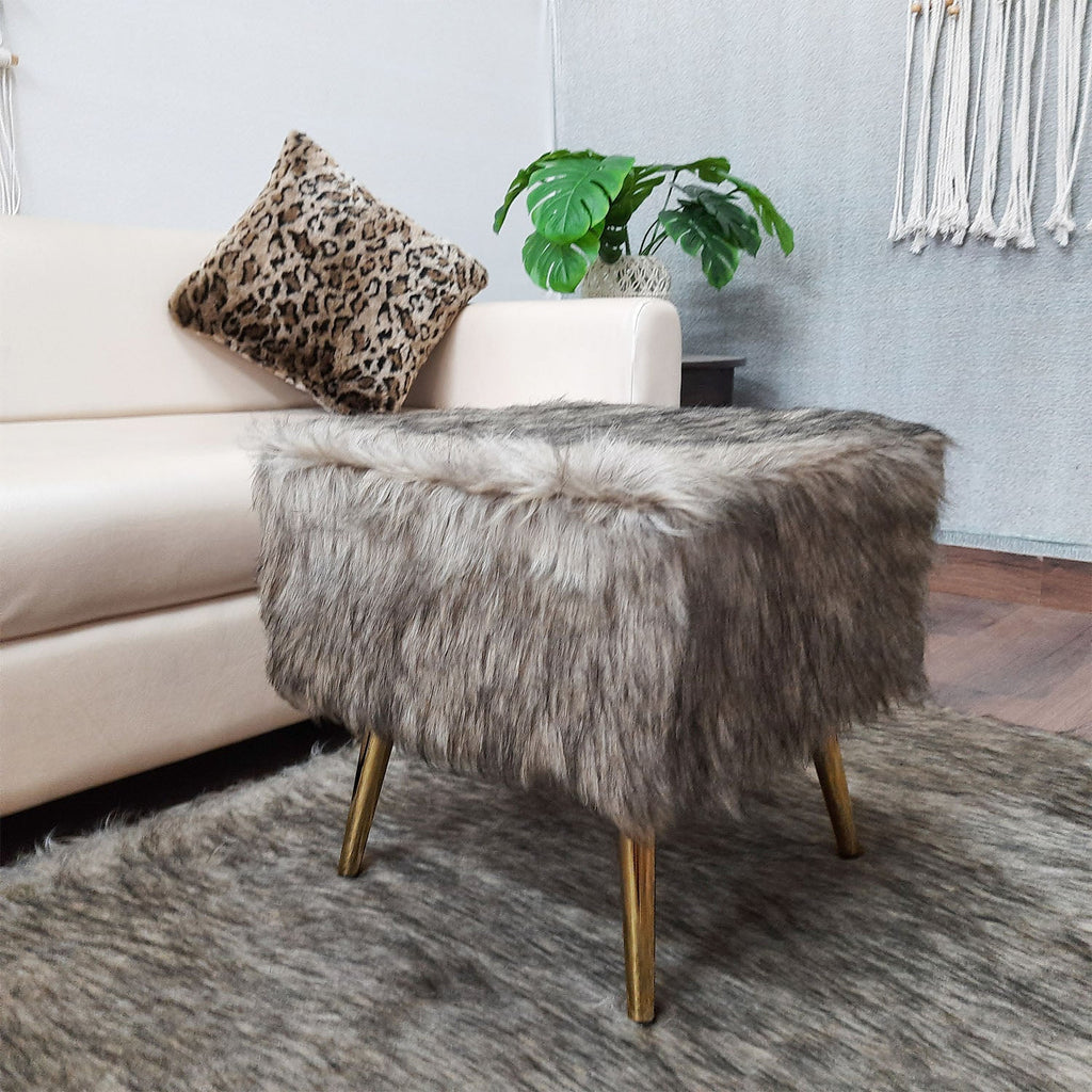Noviato Collection – Shades of Grey/Brown Premium Long Faux Fur Footstool Gold Metal Legs Modern On-Trend Style Square Multi-Functional Ottoman Stool Seat, 40cm x 40cm x 40 cm | from Avioni