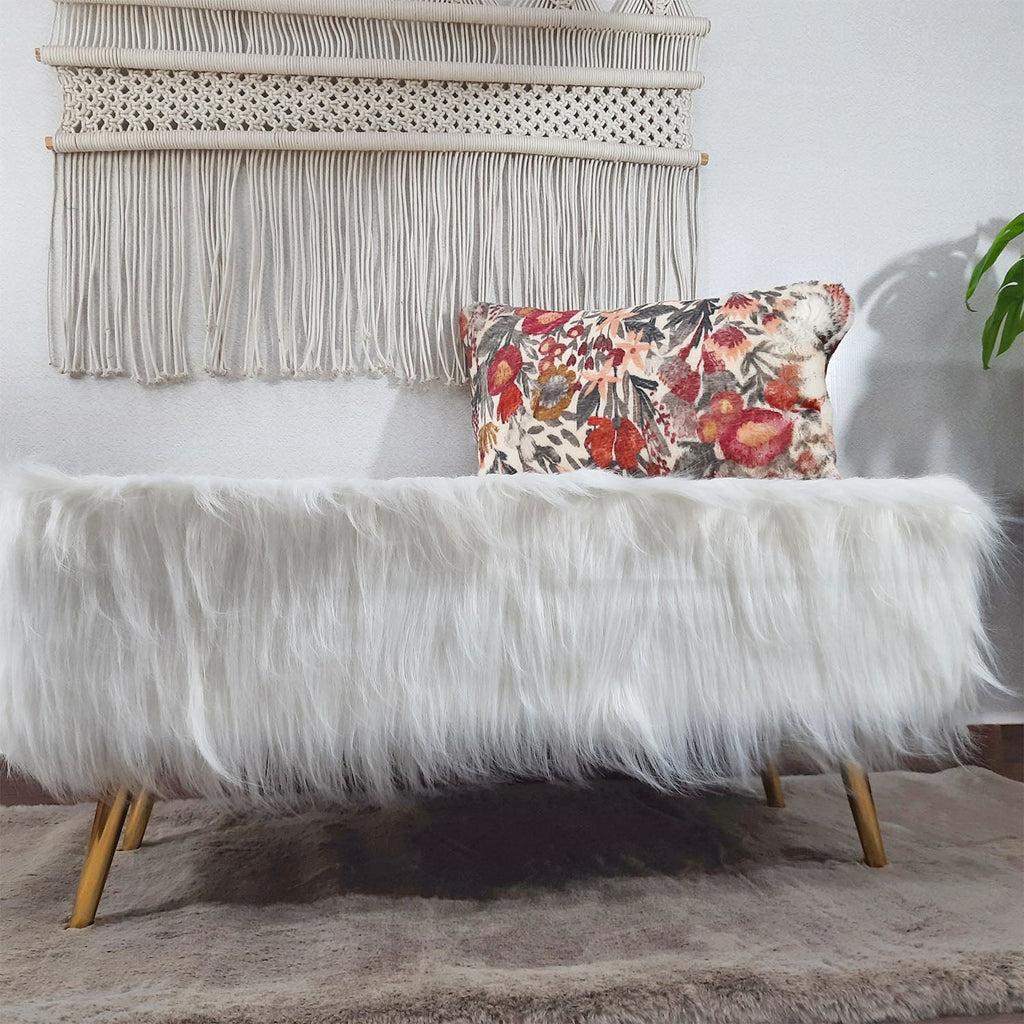 Noviato Collection – White Premium Long Faux Fur Bench Gold Metal Legs Modern On-Trend Style Multi-Functional Ottoman Bench Seat, 90 cm length x 40 cms Width/Height | from Avioni