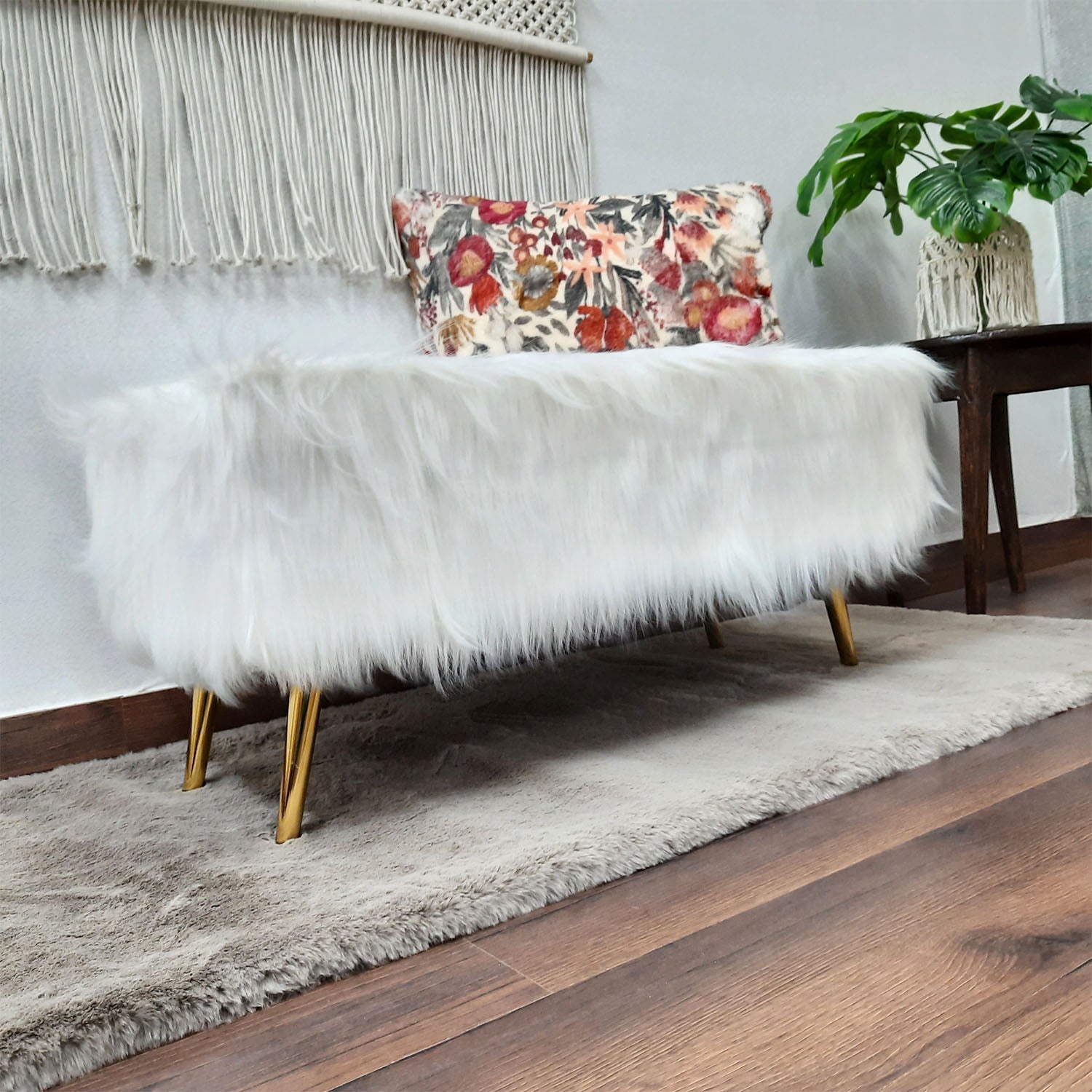 Noviato Collection – White Premium Long Faux Fur Bench Gold Metal Legs Modern On-Trend Style Multi-Functional Ottoman Bench Seat, 90 cm length x 40 cms Width/Height | from Avioni
