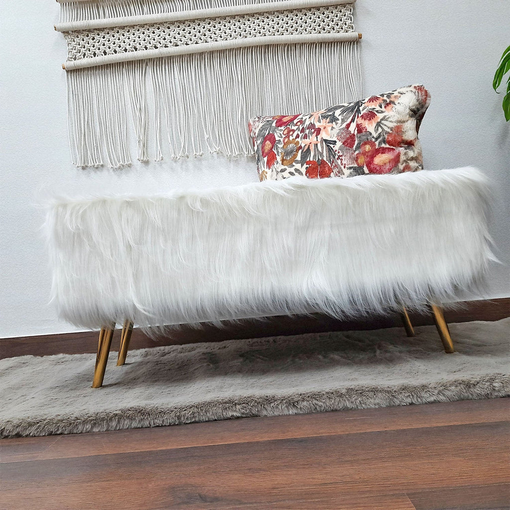 Noviato Collection – White Premium Long Faux Fur Bench Gold Metal Legs Modern On-Trend Style Multi-Functional Ottoman Bench Seat, 90 cm length x 40 cms Width/Height | from Avioni