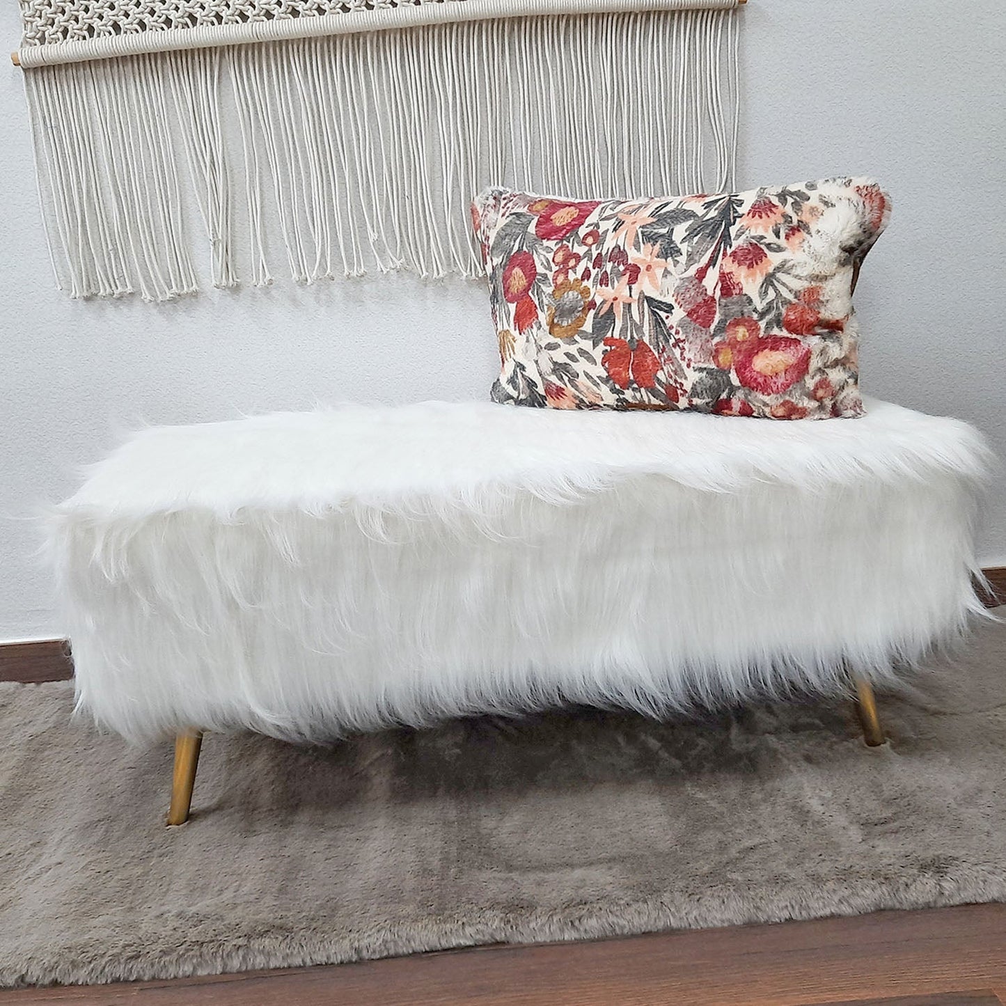 Noviato Collection – White Premium Long Faux Fur Bench Gold Metal Legs Modern On-Trend Style Multi-Functional Ottoman Bench Seat, 90 cm length | from Avioni