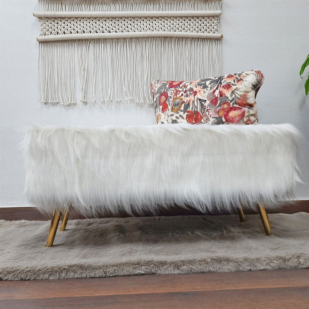 Noviato Collection – White Premium Long Faux Fur Bench Gold Metal Legs Modern On-Trend Style Multi-Functional Ottoman Bench Seat, 90 cm length x 40 cms Width/Height | from Avioni
