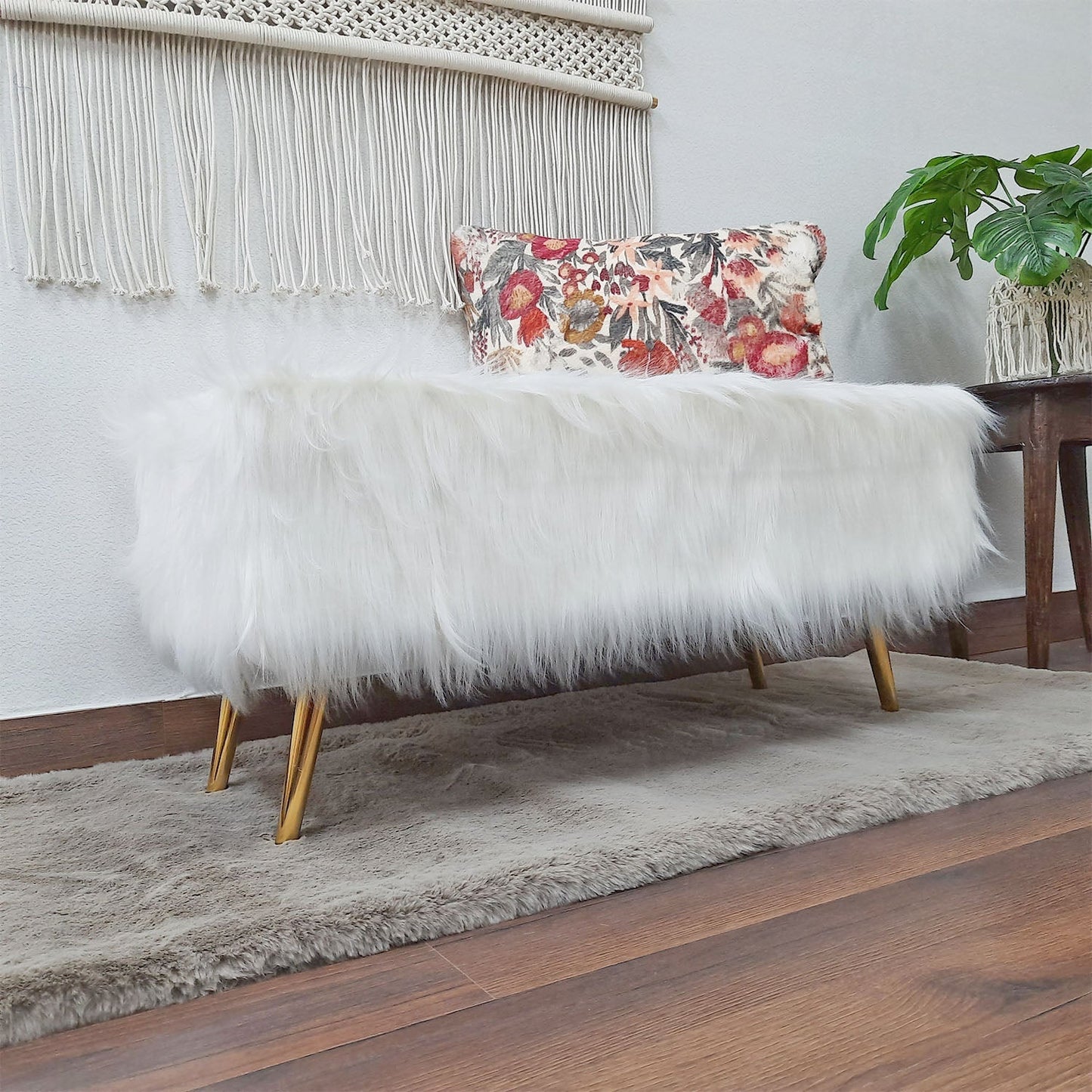 Noviato Collection – White Premium Long Faux Fur Bench Gold Metal Legs Modern On-Trend Style Multi-Functional Ottoman Bench Seat, 90 cm length x 40