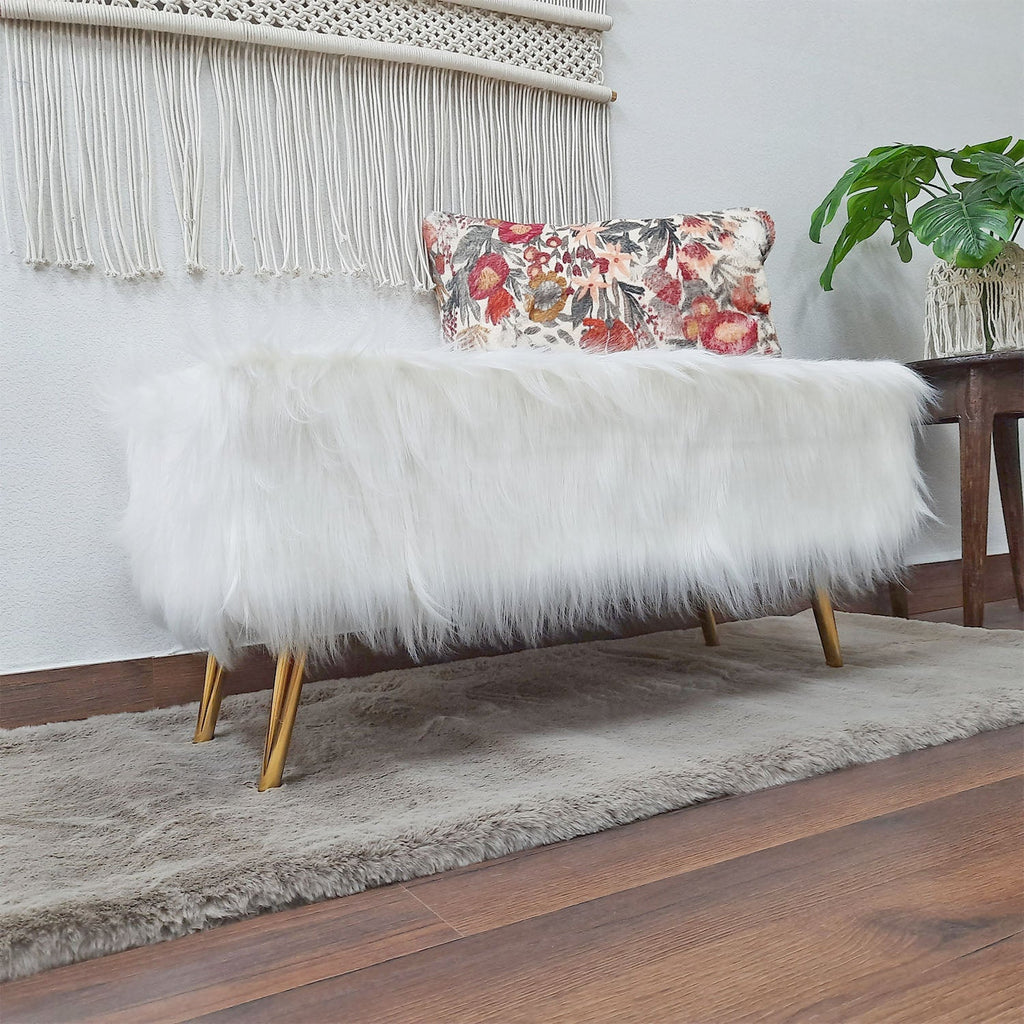 Noviato Collection – White Premium Long Faux Fur Bench Gold Metal Legs Modern On-Trend Style Multi-Functional Ottoman Bench Seat, 90 cm length x 40 cms Width/Height | from Avioni