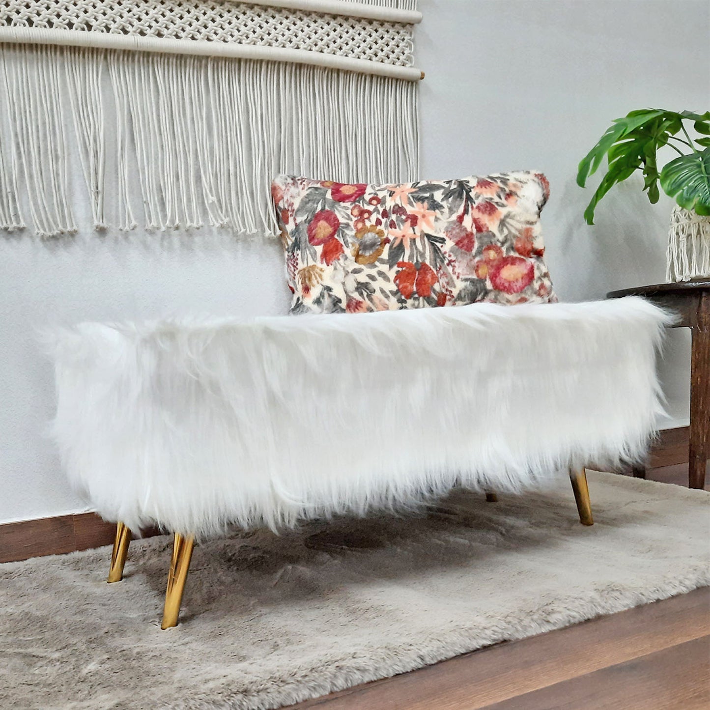 Noviato Collection – White Premium Long Faux Fur Bench Gold Metal
