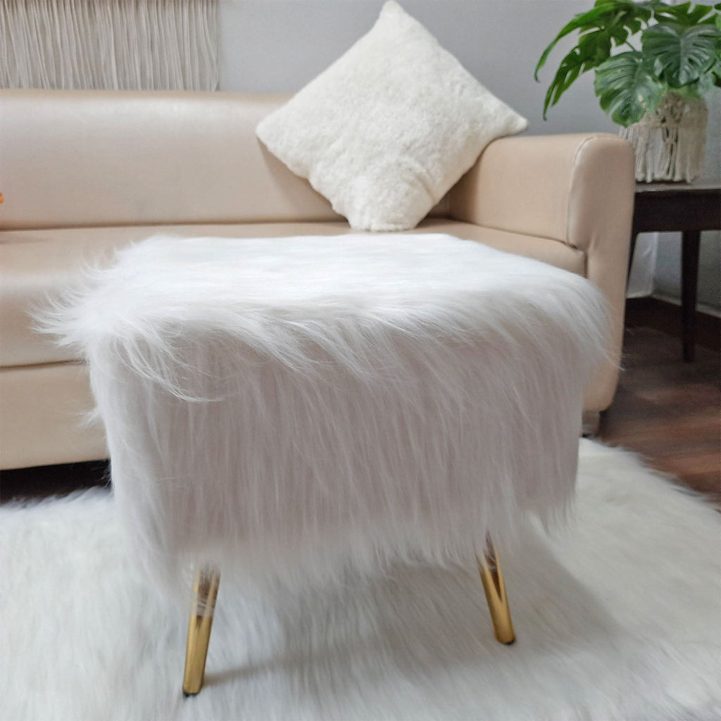 Noviato Collection – White Premium Long Faux Fur Footstool Gold Metal Legs Modern On-Trend Style Square Multi-Functional Ottoman Stool Seat, 40cm x 40cm x 40 cm | from Avioni