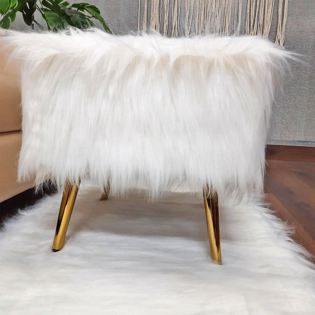 Noviato Collection – White Premium Long Faux Fur Footstool Gold Metal Legs Modern On-Trend Style Square Multi-Functional Ottoman Stool Seat, 40cm x 40cm x 40 cm | from Avioni