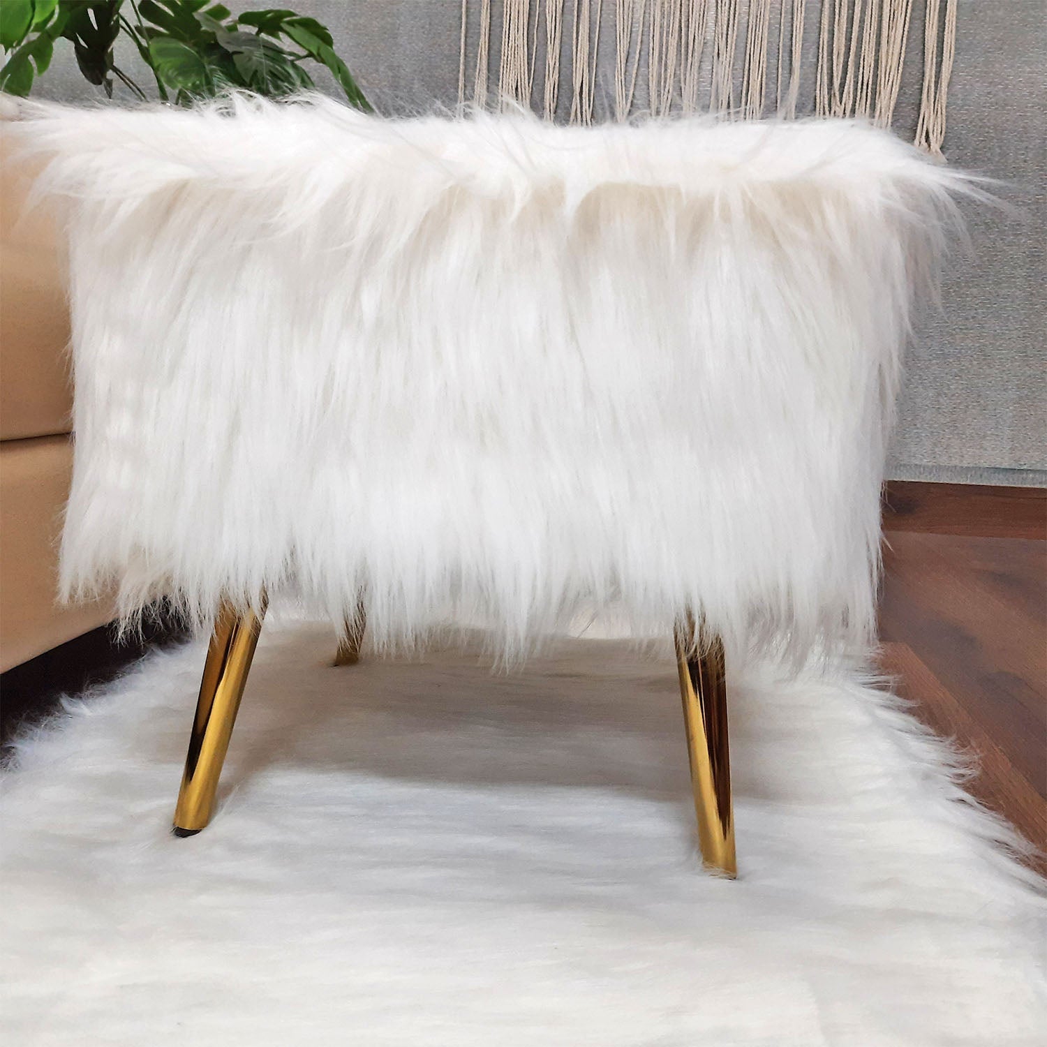 Noviato Collection – White Premium Long Faux Fur Footstool Gold Metal Legs Modern On-Trend Style Square Multi-Functional Ottoman Stool Seat, 40cm x 40cm x 40 cm | from Avioni