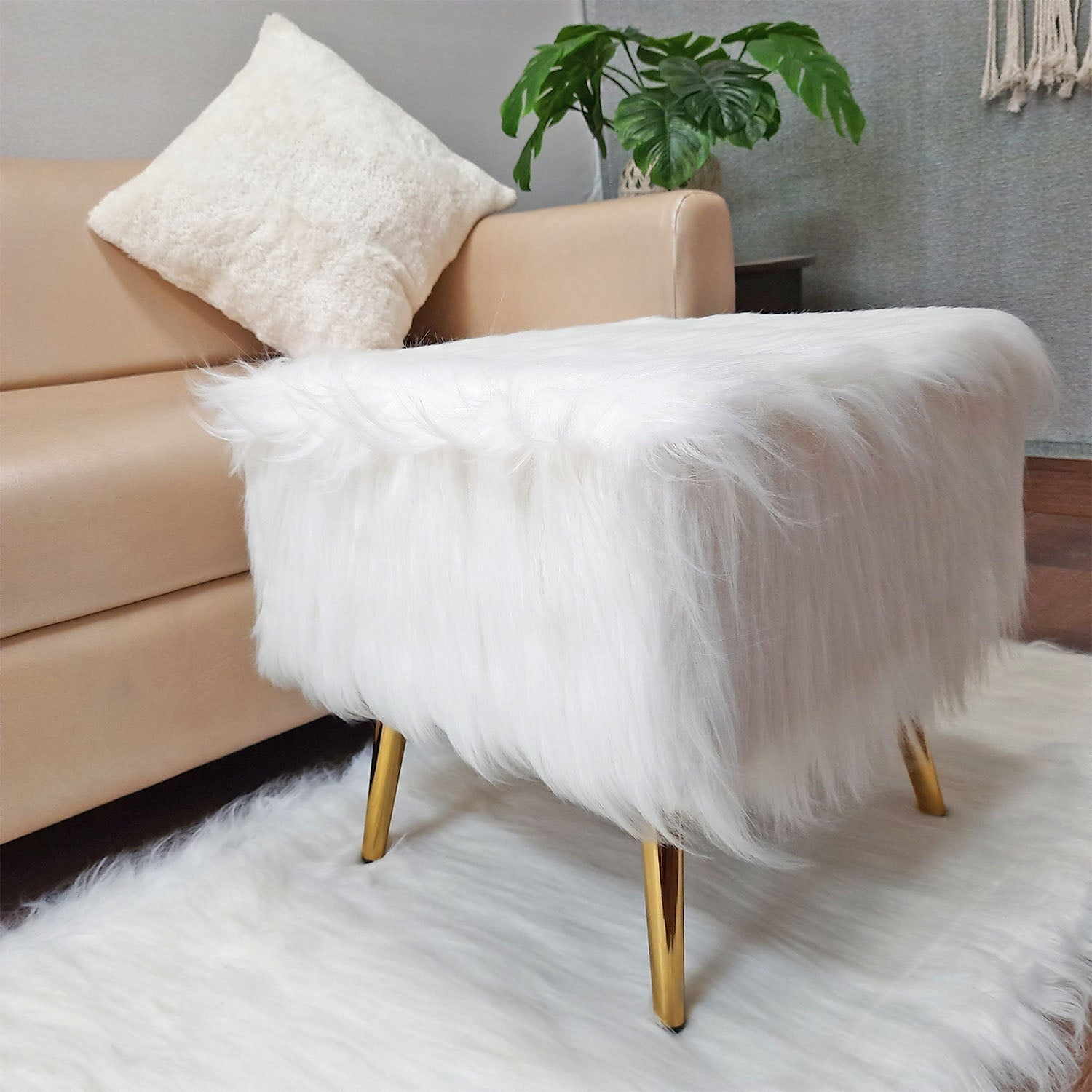 Noviato Collection – White Premium Long Faux Fur Footstool Gold Metal Legs Modern On-Trend Style Square Multi-Functional Ottoman Stool Seat, 40cm x 40cm x 40 cm | from Avioni