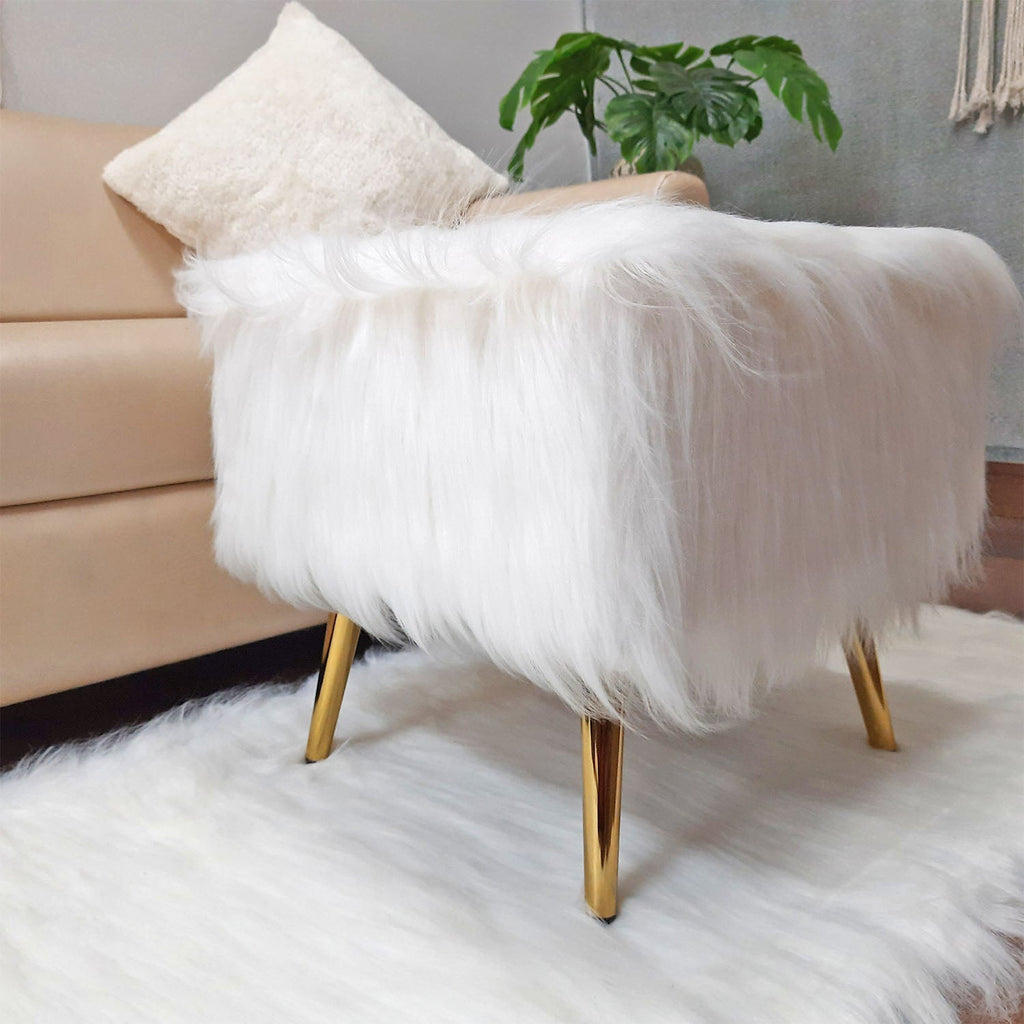 Noviato Collection – White Premium Long Faux Fur Footstool Gold Metal Legs Modern On-Trend Style Square Multi-Functional Ottoman Stool Seat, 40cm x 40cm x 40 cm | from Avioni